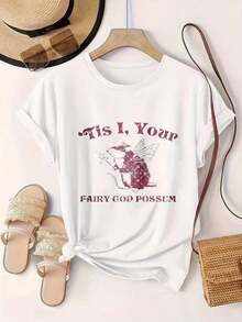 Camiseta Casual de Manga Corta para Mujer - Diseño "Tis I Your Fairy God Possum" con Mapache Alado, Cuello Redondo, Top de Verano, Lavable a Máquina, Camisetas para Damas, Ropa Casual, Estilo Moderno, Ajuste Cómodo  
 -Blanco - Blanco - Ver 2