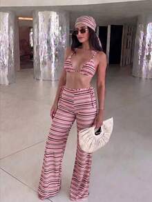 3pcs/Set Pink Striped Halter Bikini, Mesh Wide Leg Cover Up, Sexy Vacation Style Swimwear - Multicolor - View 1