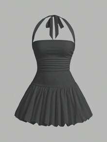 Vestido informal corto de unicolor con cuello de lazo y espalda descubierta para mujer - Gris Oscuro - Ver 7