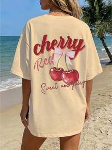 Women's Loose-Fitting T-Shirt With Cherry Print, Off-The-Shoulder Design, Short Sleeves, Round Neck, Urban Vintage Style, Unisex, Cotton, Short Sleeves, Round Neck, Women's Blouses, Women's T-Shirts, Casual Blouses For Ladies. - 杏色 - 查看 5