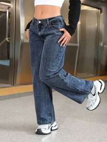 PETITE Pantalones vaqueros casuales de pierna ancha y bolsillos sueltos para mujer - Azul - Ver 5