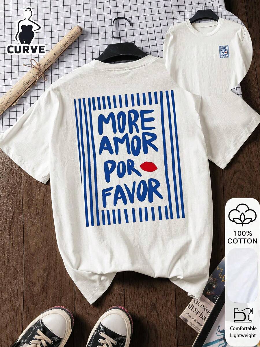 Áo ngắn tay nữ size lớn in chữ phong cách thường ngày, 100% cotton, vải mềm, phong cách nghỉ dưỡng đảo Ibiza, màu trắng mùa hè - trắng - Xem 1