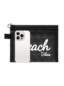 多色時尚網格沙灘包，印有「Beach」字樣的化妝包，沙灘主題。大容量透明化妝包，尼龍拉鍊化妝包，輕巧，可存放防曬霜、零食、比基尼和沙灘必需品。春/夏收納，耐用，非常適合游泳、沙灘、潛水和夏季假期，學生返校，輕巧防曬收納包，適合朋友、母親節、返校季節 - 彩色 - 查看 8