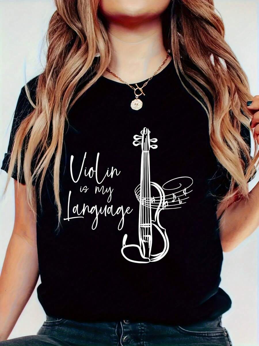 Camiseta de mujer, camiseta de mujer a la moda, 180G de algodón, talla grande con estampados creativos, corte holgado informal, camiseta de mujer, camiseta casual vintage de manga corta, adecuada para actividades al aire libre, apta para todas las estaciones. - Negro - Ver 1