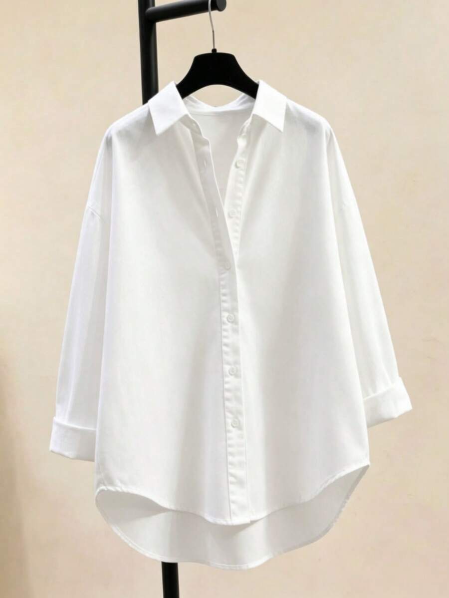 女士时尚纽扣衬衫长袖上衣春夏日常休闲商务工作装 - 白色 - 查看 1
