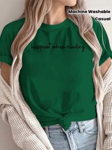Soft 100% Cotton Women's Short-Sleeved Crew Neck T-Shirt With A Floral Print And English Lettering On The Chest. Breathable And Machine-Washable Fabric, Suitable For All Seasons. Not Suitable For Layering Under Blouses. Ideal For Casual Wear, Layering, And Basic Outfits. Breathable Cotton T-Shirt That Goes With Everything. - 綠色 - 查看 1