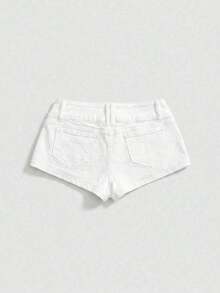 SHEINxHITOMI ROMWE Shorts de Mezclilla para Mujer, Estilo Vintage, Desgastados, de Cintura Baja, con Tachuelas y Calaveras, Sexy - Gris Claro - Ver 10