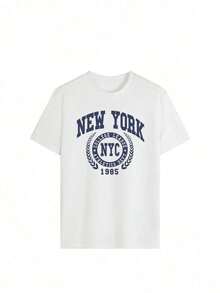 Oversized T-Shirt With Retro "NEW YORK BROOKLYN" Print, Vintage Y2K College Style, Casual Summer Top With City And Tennis Design, Cotton T-Shirt For American Fashion Lovers, For Everyday Wear And Going Out, Unique Style For Men And Women - 白色的 - 查看 2