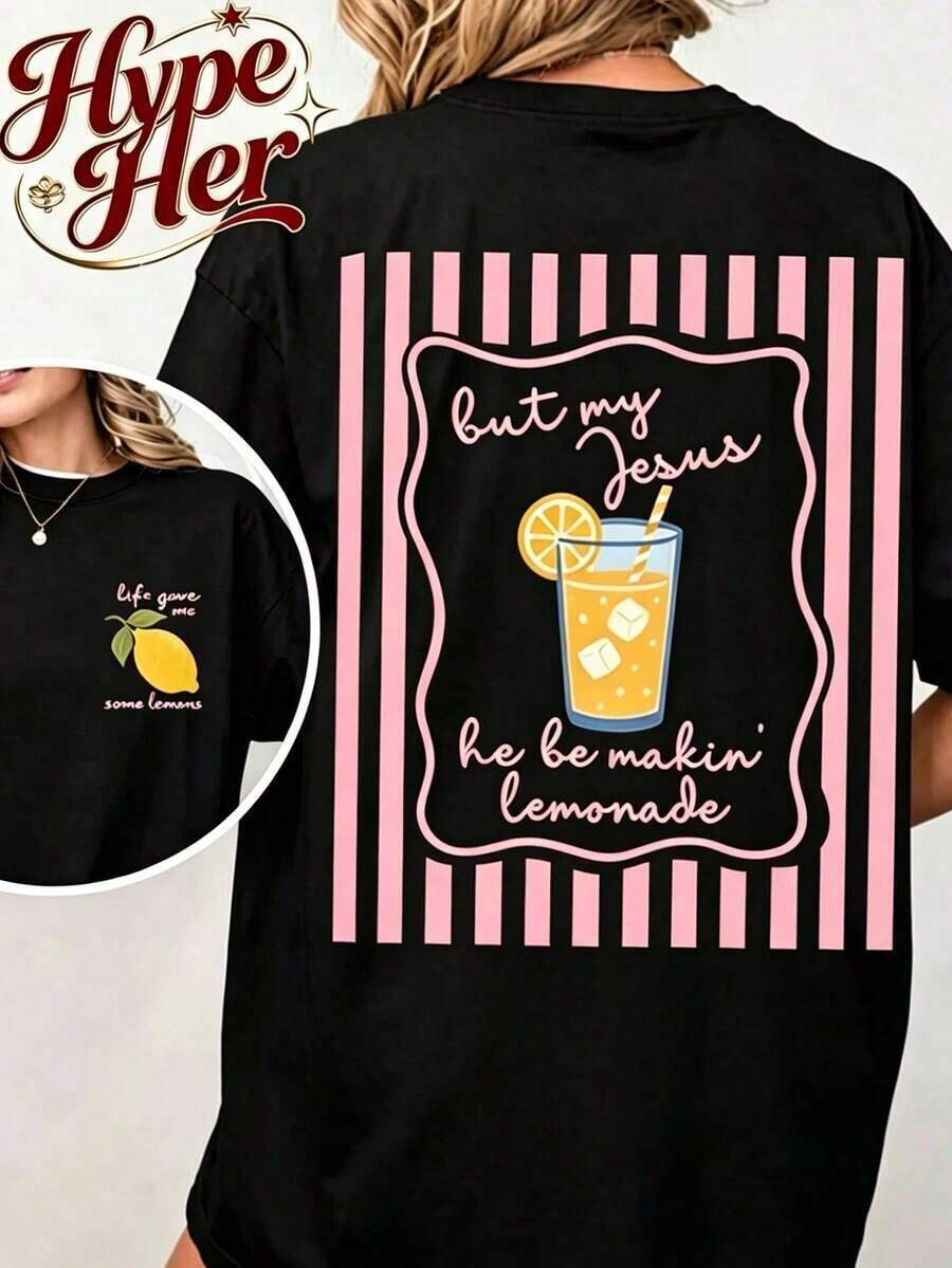 3 piezas de camisetas de mujer HypeHer, nueva colección de verano 2026, con estampado de Jesus Lemonade y But My Jesus He Be Makin' Lemonade. Camiseta gráfica de estilo casual, urbano, playero y de vacaciones, holgada, multifuncional, de cuello redondo, color beige, de manga corta. Regalos ideales para Pascua, conjuntos de verano para mujer.|Moda Urbana Local de Primavera/Verano||Uso Casual Diario Primavera Verano Moderno Moldeador|Conjunto de verano para mujer, ropa de vacaciones|Blusas elegantes para mujer, ropa de primavera, blusas de verano. - Negro - Ver 1