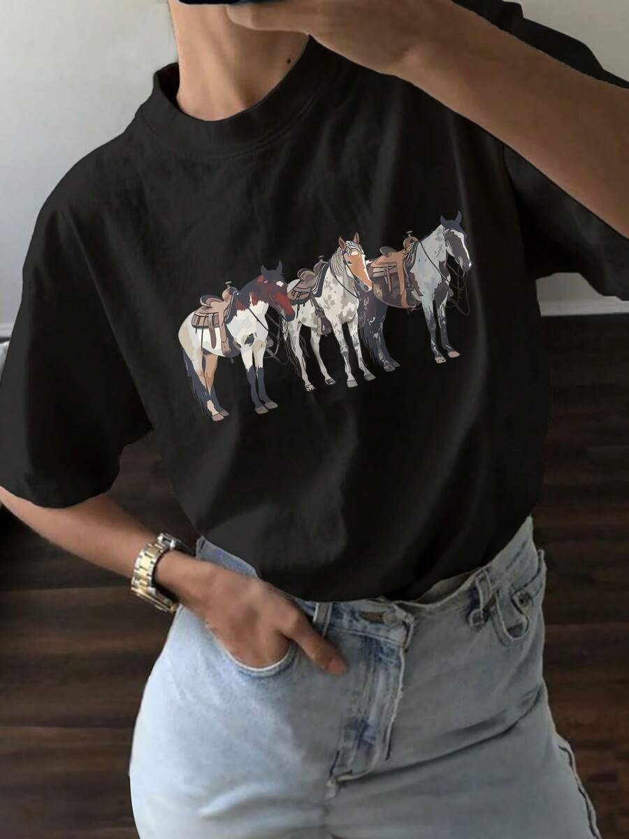 Unique Horse T-Shirt For Horse Lovers, Fun, Original, Modern, Comfortable, Casual, Summer, Men's, Women's, Sizes S, M, L, XL, Black, Fashionable, Trending, Animal Lifestyle - 黑色 - 查看 1