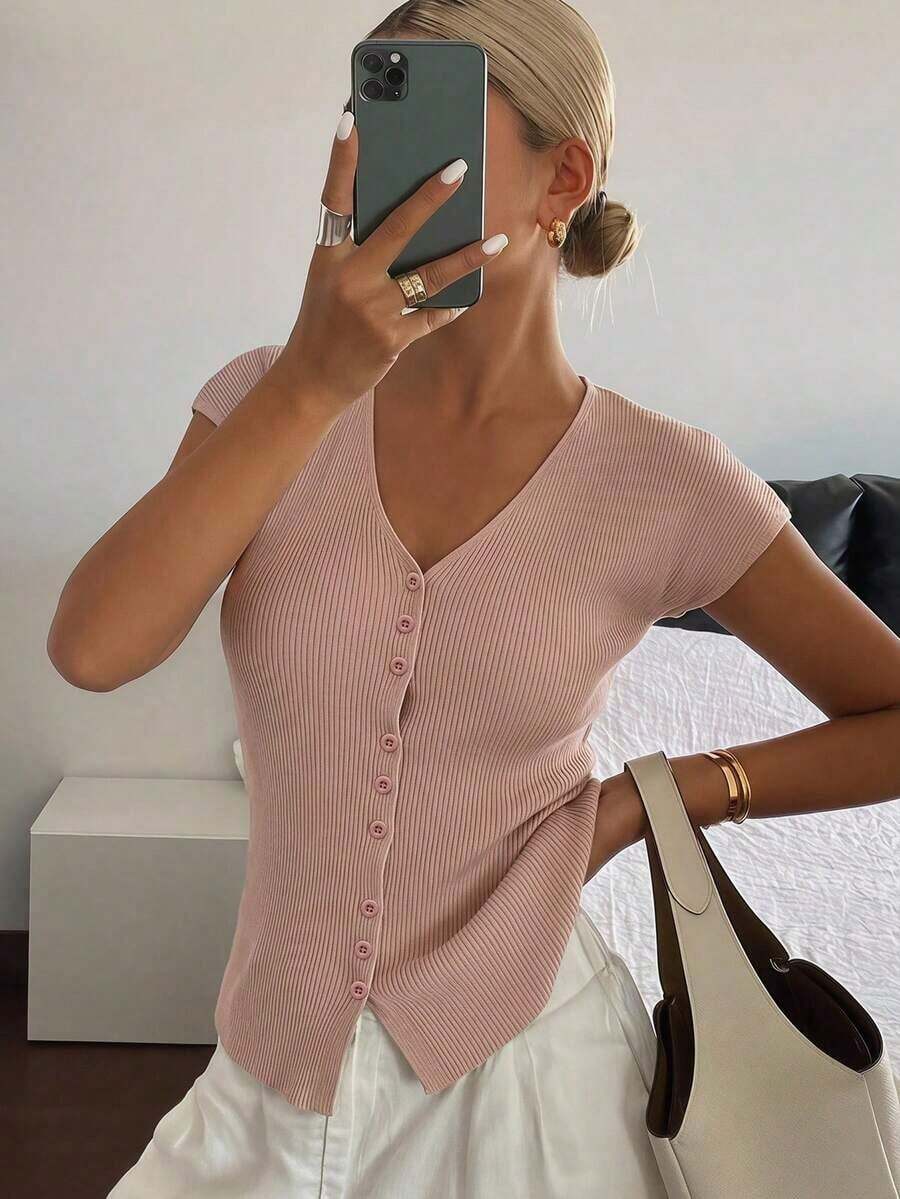 Cárdigan casual de verano para mujer, de unicolor, ajustado, de cuello en V, elástico y delgado - Rosa Pálido - Ver 1