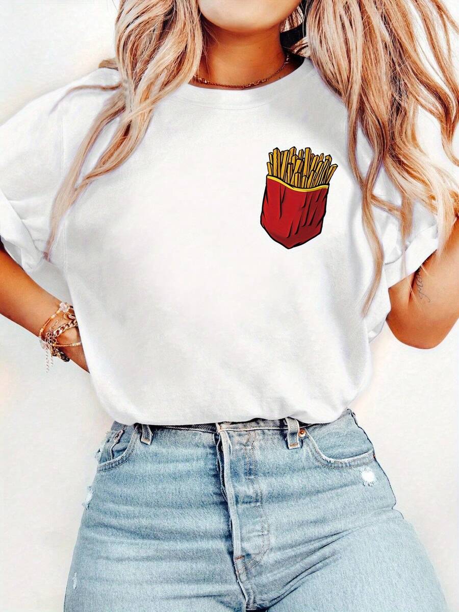 1 camiseta gráfica de patatas fritas para mujer, de tejido de punto de poliéster informal, diseño divertido de comida rápida, moda cómoda para el día a día, ideal para regalos de vacaciones y cumpleaños, ropa informal.|Camisa con Estampado Divertido|Camiseta de punto con textura Y2k - Negro - Ver 1