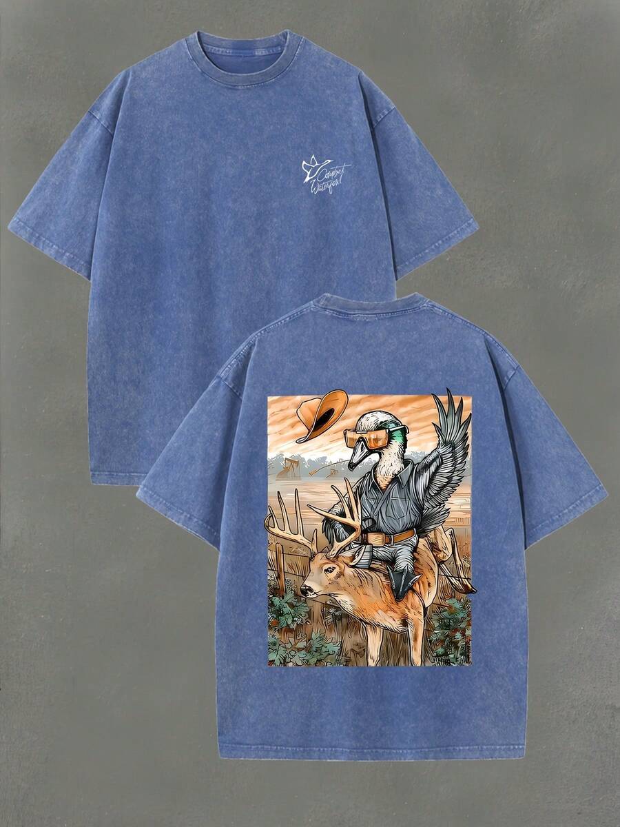 New Summer 2026 Collection Western-Style Fun Illustration Men's Washed Cotton Short-Sleeve T-Shirt Top, 100% Pure Cotton 220 Grams, Double-Sided Printed Pattern, Vintage Street Style, Summer Outfits For Women, Vacation Outfits For Women, 4th Of July Outfit For Women - 寶藍色 - 查看 1
