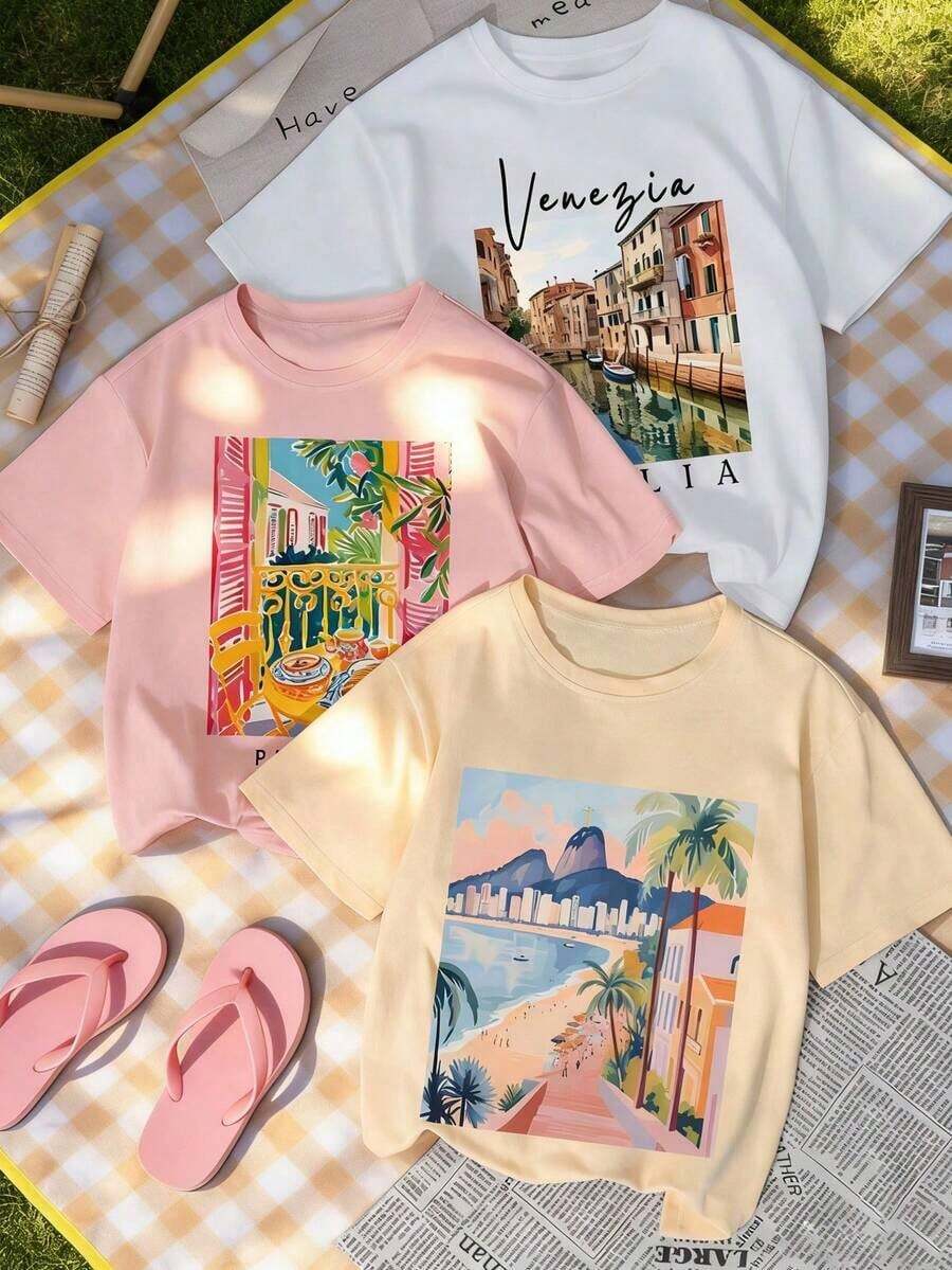 1 pieza/Set de camiseta de manga corta con cuello redondo y estampado de paisaje, nueva colección de verano, casual, moderna y versátil para uso diario de mujeres. - Blanco - Ver 1