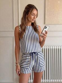 Set de 2 piezas de top corto sin mangas a rayas y pantalones, conjunto informal de verano con bolsillos para mujer - Azul - Ver 6