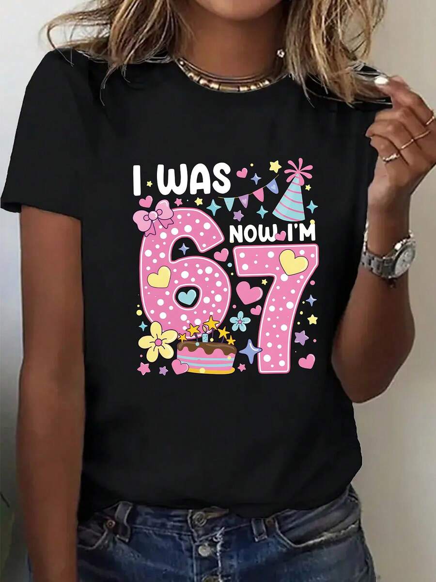 Plus Size Women's Birthday T-Shirt With The Phrase "I Was 66 Now I'm 170.18cm" - Funny Birthday Gift, Casual Crew Neck Blouse Suitable For 66th Birthday Parties And Casual Outfits, Machine Washable Letters - 黑色 - 查看 1