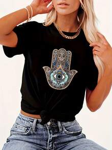 Women's Bohemian Style T-Shirt, Eye On The Palm Illustration Print, Fashionable Short Sleeve Casual T-Shirt For Women - 黑色 - 查看 6