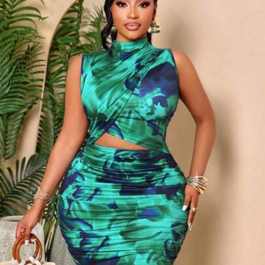 Plus Size Women Green Tropical Print Sleeveless Bodycon Mini Dress With Cutout Design Elegant Summer - Verde azulado - Ver 1