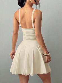 Vestido corto de punto sexy y elegante con escote en V, cintura fruncida y tirantes finos para mujer - Albaricoque - Ver 2