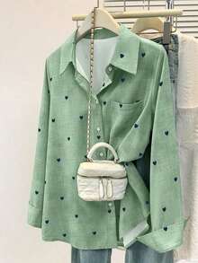 Camisa polo de manga larga con bolsillo y estampado de corazón de unicolor básico casual para mujer, adecuada para uso diario en , verano y otoño - Verde - Ver 3