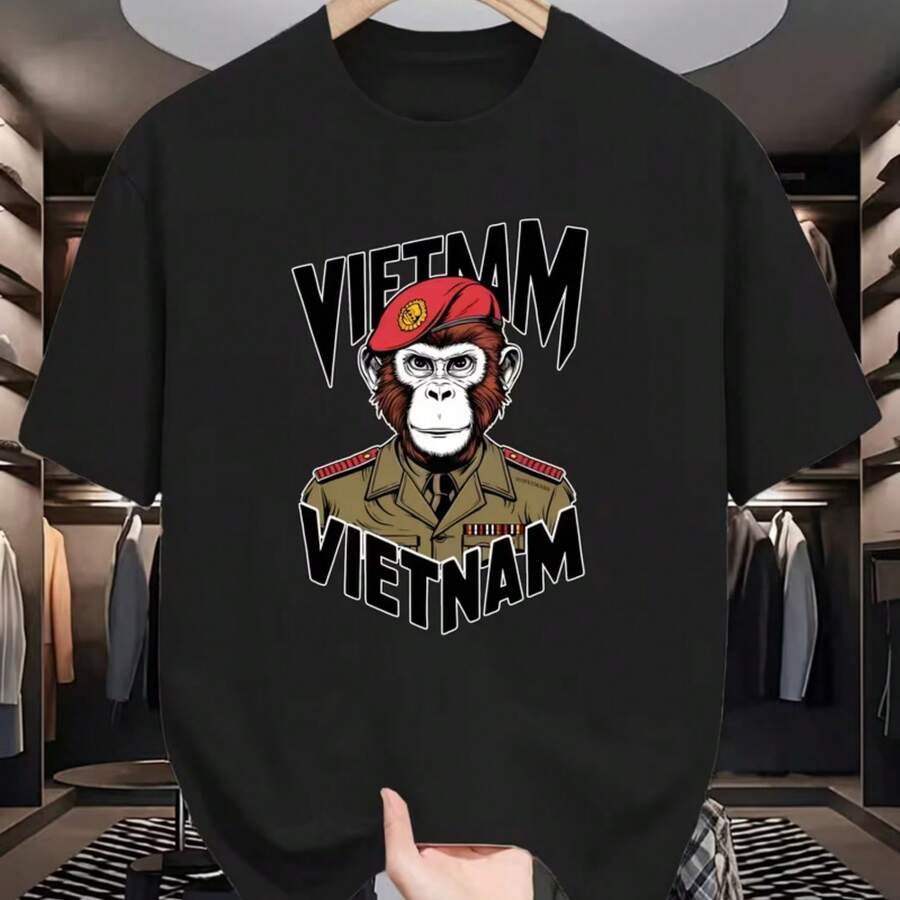 Camisetas de manga corta de verano para hombre con estampado de mono de Vietnam, camisas estampadas elegantes y modernas para hombre, tops casuales de cuello redondo para jóvenes en primavera y verano. - Negro - Ver 1