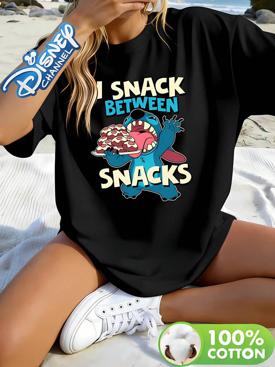 DISNEY Women's Official Lilo & Stitch T-Shirt - 100% 'I Snack Between Snacks' Print With Stitch & Lilo, Casual Short-Sleeve Round Neck Top, Breathable Summer Blouse For Travel, Vacation Outfits (Machine Washable) - 黑色 - 查看 1