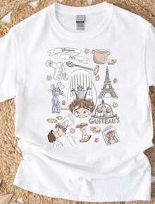 1 pieza Camiseta Ratatouille de Land Paris, Camiseta Ratatouille, Camiseta Land Paris, Camiseta de la familia Land, Camiseta con estampado gráfico de Ratatouille, temática animada para fans, cuello redondo, sudadera, tops, ropa de talla grande, detalles de diseño inspirados en París, manga corta, estilo Y2K, estilo de prenda relajado, adecuada para todas las estaciones, lavable a máquina, para uso diario casual y de negocios, conjuntos de verano para mujer, moda coreana, WJ5T180g 100% algodón. - Blanco 3 - Ver 8