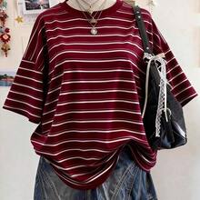 Striped Digital Print Casual Plus Size Women Long Round Neck Drop Shoulder T-Shirt, Gift For Friends - Multicolor - Ver 5