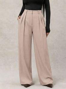 Pantalones anchos de pierna ancha de color café oscuro de moda minimalista para mujeres, pantalones de tela marrón de pierna ancha para el trabajo, pantalones de tiro alto de pierna ancha marrón para mujeres, pantalones de traje marrón para otoño/invierno - Rosa - Ver 4