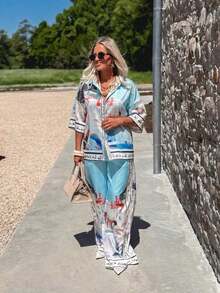 2 piezas Conjunto casual y de fiesta para mujer, que incluye camisa con cuello y decoración de botones y pantalones de pierna ancha para verano - Celeste - Ver 5