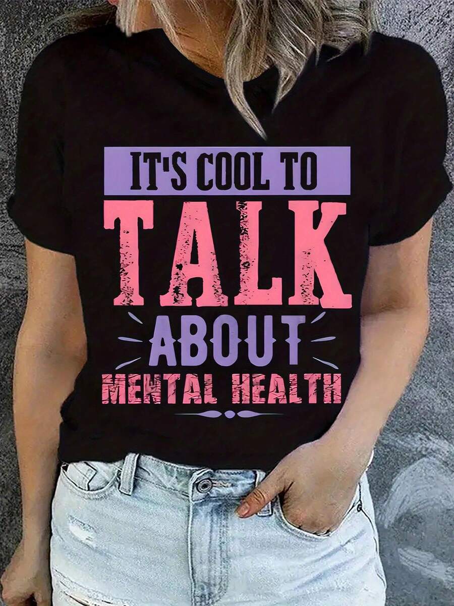 Camiseta Casual para Mujer Talla Grande - Estampado "Hablar de Salud Mental Está Bien", tela de punto suave y elástica, cuello redondo, mangas cortas, corte regular, lavable a máquina, top cómodo para primavera y verano, promoción de la conciencia sobre la salud mental. |     Cuello redondo casual |     Tejido de punto suave, camiseta de mujer - Negro - Ver 1