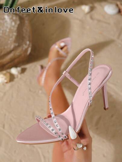 On feet& in love Women's Fashionable Elegant Crystal Embellished One-Strap Open Toe High Heel Sandals, Suitable For Dresses In Summer