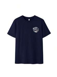 New Women's Summer T-Shirt, Minimalist, With Letter Print And Sunset Maple Leaves, Round Neck, Short Sleeve, Dark Gray Color, Modern And Versatile, Suitable For Casual Daily Wear And Vacation - 海軍 - 查看 3