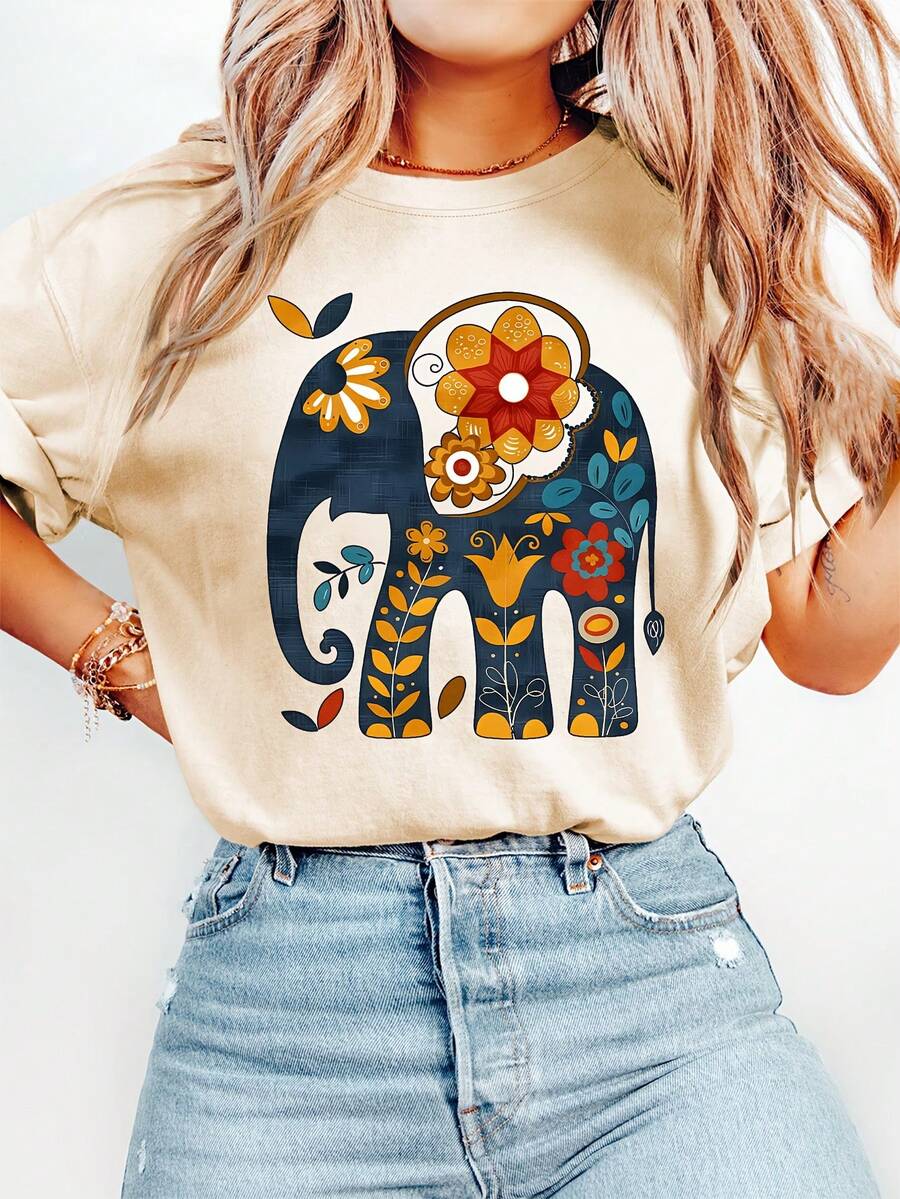 Women's High-Quality Wholesale T-Shirt With Bohemian Elephant Print - Short-Sleeved Top With A Soft Round Neck, Featuring Vibrant Elephant And Flower Designs, Suitable For Casual And Semi-Formal Wear In All Seasons. Made From Comfortable Stretch Fabric, Machine Washable, Available In Sizes S-XXL. New 2026 Collection - 100% Breathable Cotton. - 杏色 - 查看 1