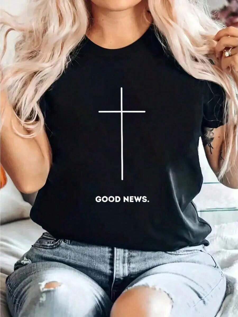 Camiseta con Estampado Faith de Good News Premium, Camiseta Casual de Manga Corta con Cuello Redondo para Primavera y Verano, Ropa de Mujer - Negro - Ver 1