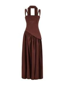 Vestido tirantes con pañuelo elegante mujer diseño único abertura alta combinado plisado cintura ajustada falda amplia - Café integral - Ver 2