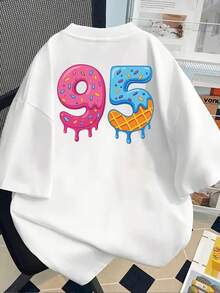 Camiseta Casual de Manga Corta con Cuello Redondo Estampado 95s para Mujer| Ajuste Cómodo, Diseño Clásico, Uso en Todas las Temporadas, Camiseta Y2k - Negro - Ver 2