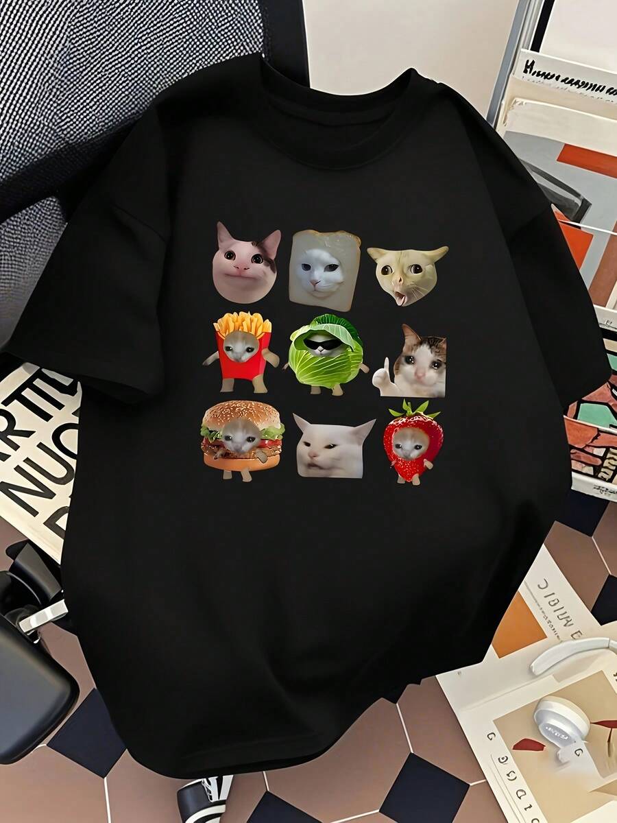 Y2K Women's Summer Casual Loose Long Sleeve T-Shirt - Fun Kitten Print, Round Neck And Short Sleeve Design With Dropped Shoulders, Breathable And Machine Washable Top, Cute Retro Casual Wear, Easy To Match, Adult Women's Clothing. - 黑色 - 查看 1