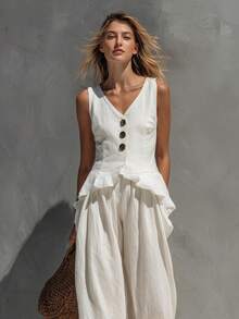 Conjunto de lino nuevo para primavera-verano, estilo casual y de oficina, chaleco de botonadura delantera y cuello V, diseño favorecedor, perfecto para looks de día y transición estacional - Blanco - Ver 3