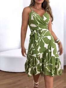 Vestido primavera estilo europeo cuello V estampado con volantes elegante y de moda para mujer - Verde - Ver 4