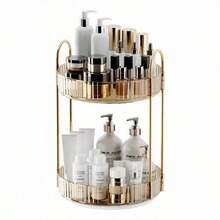 360 Rotating Makeup Organizer And Storage For Vanity Countertop 2 Tiers, High Capacity Cosmetic Skincare Perfume Organizer For Dresser Bathroom Lazy Susan Organizers(Amber Gold) - Silver - View 5