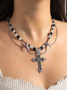 1pc Gothic Style Hollow Cross Pendant Tassel Necklace, Punk Personalized Necklace Jewelry, Suitable For Party And Music Festival Wear - Multicolor - View 7