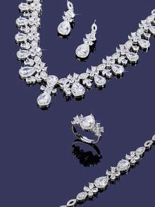 A Set Of Elegant And Minimalist Jewelry For Ladies, Including A Drop-Shaped Cubic Zirconia Necklace, Earrings, Bracelet And Ring. Suitable For Both Daily Wear And Formal Occasions. - B0473-r4S - View 4