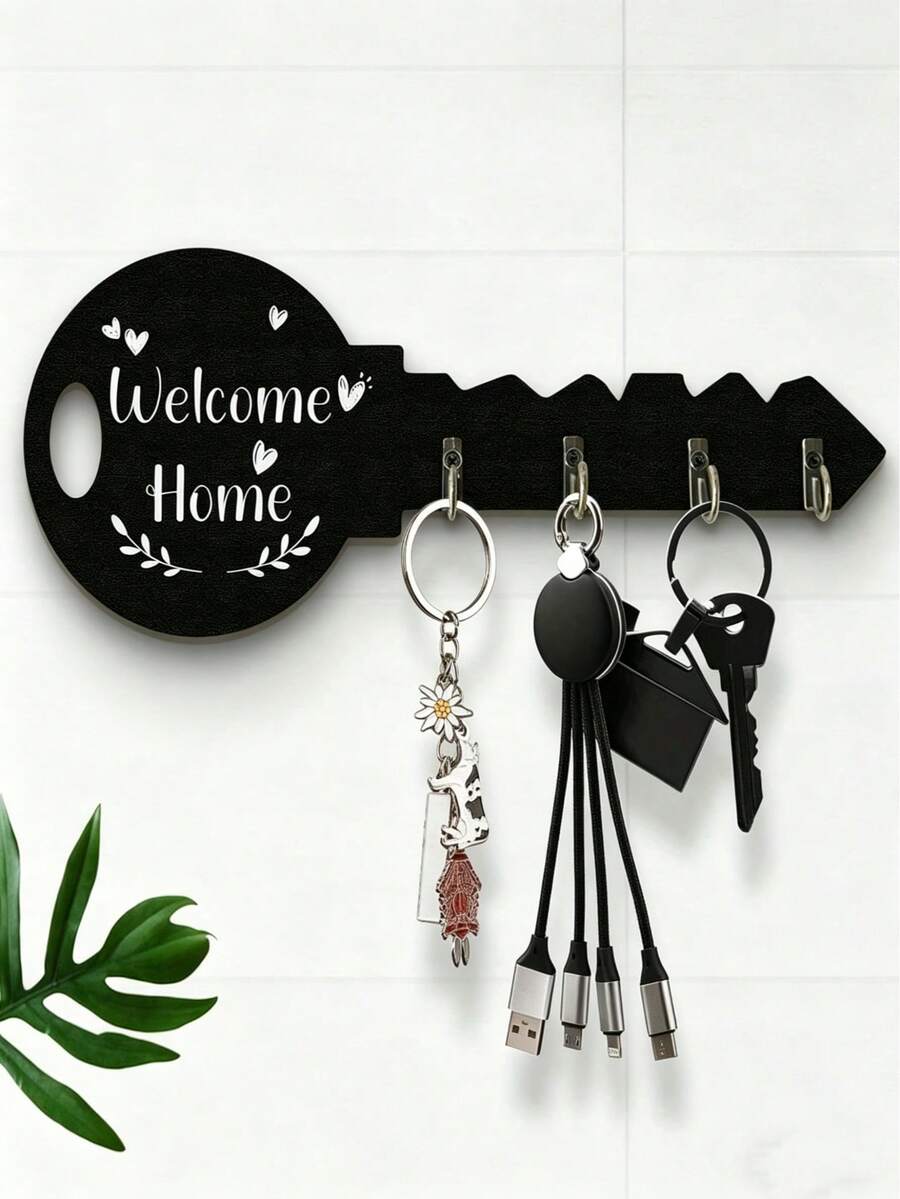 Wall Mount Rack With Shelf & Hooks, Boho Floral Wooden Key Holder Rustic Space-Saving Storage Organizer, Hanging Shelf For Keys Coats Small Sundries, Chic Farmhouse Home Decor Ornament For Hallway Porch Kitchen Office Daily Entrance Storage - View 1