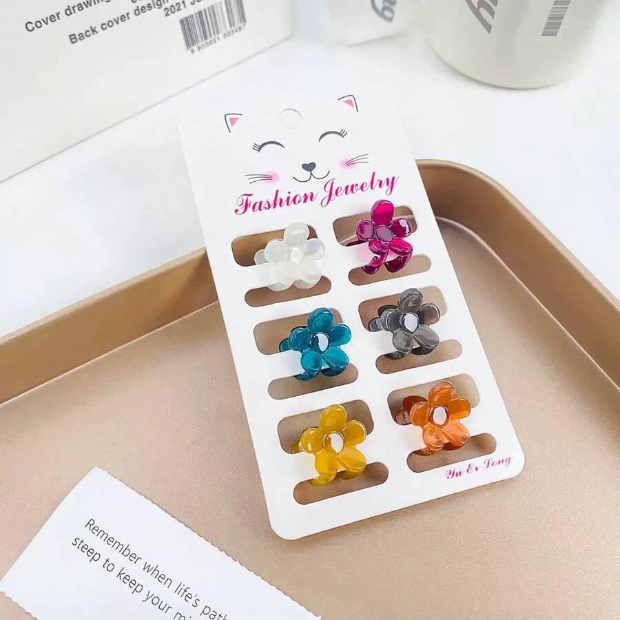 6pcs Mini Jelly Color Geometric Hair Clips, Retro French Style Bangs Clips, Hair Accessories Vacay Beach Claw Clips - Type F - View 1