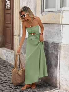 Vestido de gasa con estampado para primavera y verano con cuello de halter para mujeres - Verde - Ver 7