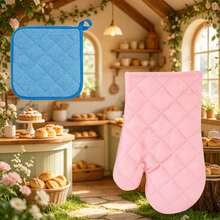 Refreshing Pink & Blue Kitchen Heat Resistant Gloves & Pot Holders Set, Thick Non-Slip Design Suitable For Oven & Microwave, Practical & Stylish Kitchen Accessories - View 2