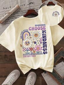Camiseta con estampado de letras, manga corta, cuello redondo, estilo casual, adecuada para verano y primavera, ropa de mujer, con diseño de flores delicadas y cara sonriente en tono morado retro. - Albaricoque - Ver 6