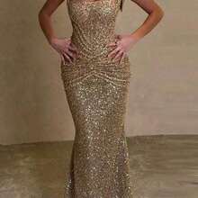 Top Fashion Picks Summer 2026 Spring/Summer New Arrival: Women's Stylish Sequin-Embellished Halter Dress - INS Style, Vacations & Parties; Casual, Slimming, Elegant, And Versatile Sleeveless Maxi Dress Sequin,Bodycon ,Hem,,Dress Formal Wear, Fitted, Sequined, Dresses, Evening Gowns, Formal Dresses - Vàng - Xem 6