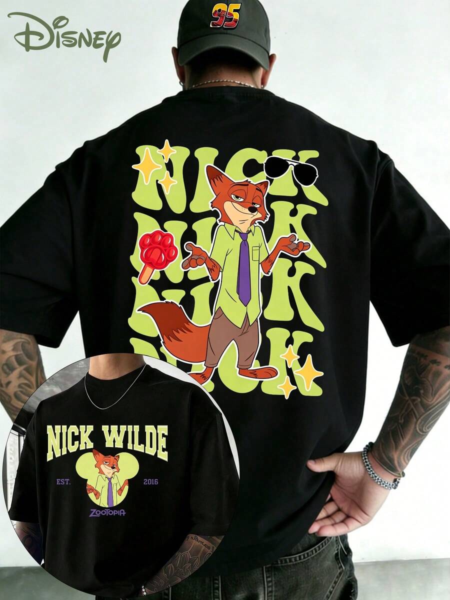 Camiseta con estampado de dibujos animados de Disney Zootopia Nick, estampado de Disney Mad Animal City Nick - Diseño estampado a doble cara, camiseta de manga corta de verano para hombre, camiseta de manga corta de algodón 100% de alta calidad, relajada, transpirable, manga corta informal, universal para hombres y mujeres, ropa de viaje a Disneyland, ropa para parejas, ropa informal para el día a día, ropa urbana, ropa de vacaciones, ropa universitaria, el mejor regalo - Negro - Ver 1